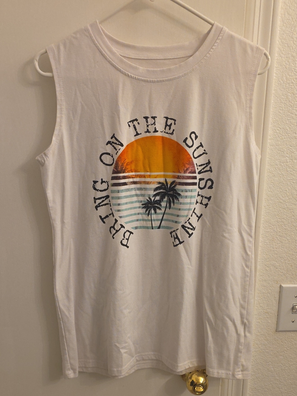 White Graphic Muscle Tank Top with Sunset Palm Print